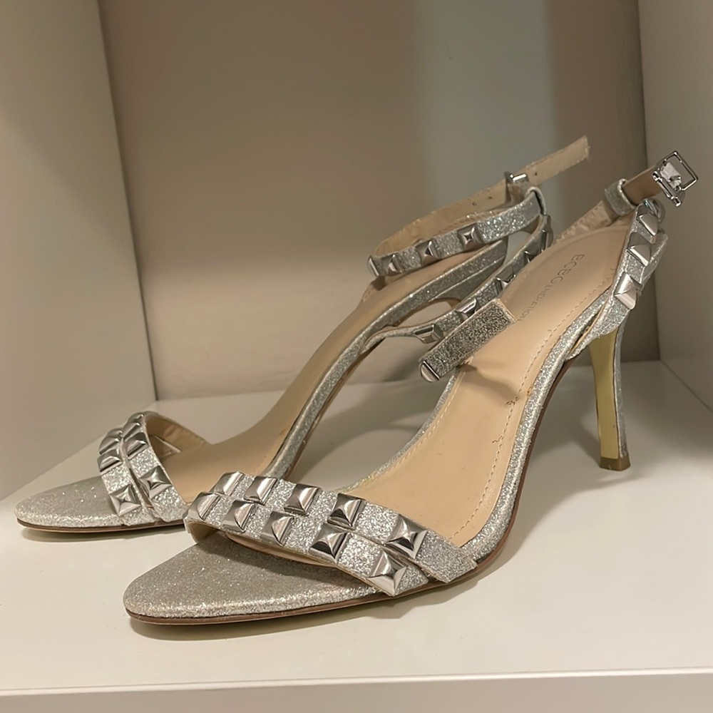 BCBG Generation Silver Sparkle Silver Studded 3” Strap Heels size 8.5